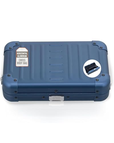 Image of Horizontal All Aluminum Crossbody Bag - Lightweight Compact Travel Case with Adjustable Strap, RF Blocking, Interior Pockets & Secure Clasp - Stylish Over-Shoulder Bag for Men & Women (Sapphire)
