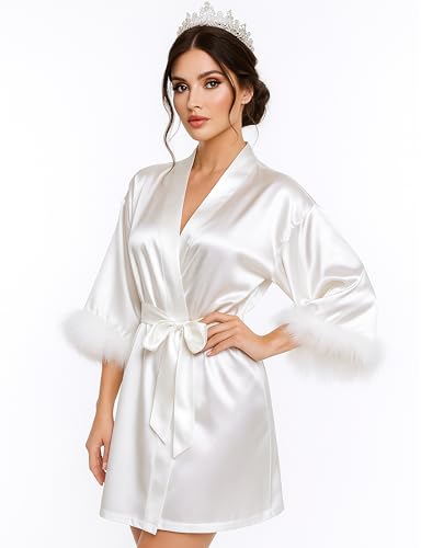 EPLAZA Bride Robe for Wedding Day Bridal Robes Feather Sleeve Satin Kimono Robes Bachelor Party Getting Ready Outfits4
