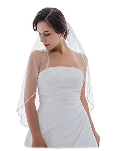 Samky 1T 1 Tier Double Row Alternating Crystal Beaded Veil - Light Ivory Elbow Length 30" V491 #TOP25