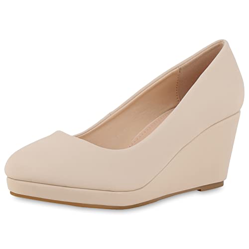 VAN HILL Damen Pumps Keilpumps Klassische Keilabsatz Schuhe Leder-Optik...