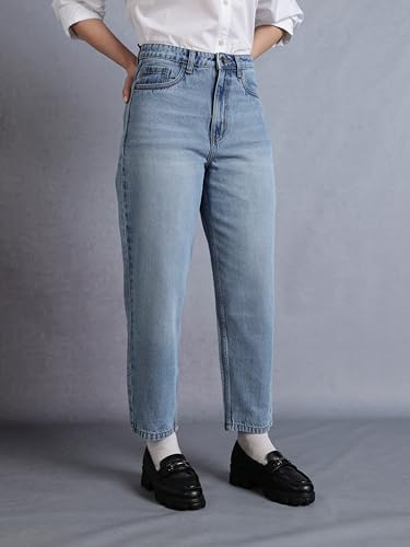 Image of INKD Women's Barrel Fit Jeans - 100% Cotton | High- Rise | Comfortable Fit | Casual Denims | Jeans for Women | Mom Fit Jean | Ankle Length Jean (Available in Plus Sizes)