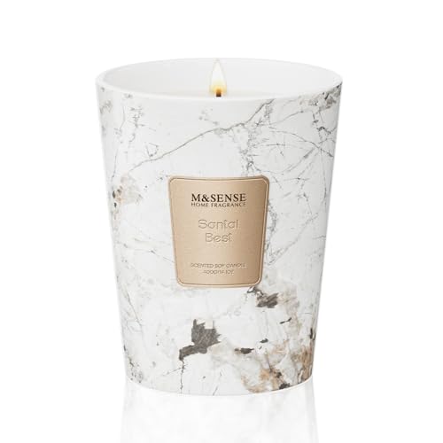 M&SENSE Candela Profumata Grandi 400g Santal Premium, 75H Dura, Cera di Soia Non Tossico Aromaterapia Candele, Marmo Design Vetro Room Decor, Regalo di Lusso per Donne/Compleanni/Natale