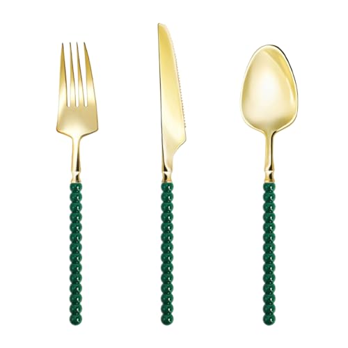 150 Pcs Gold Plastic Silverware,Gold Plastic Utensils with Green Beads