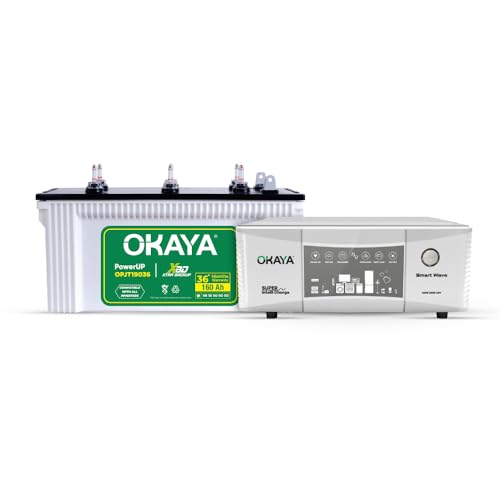 Okaya Inverter & Battery Combo (Smart Wave QSW 1500 Quasi Sine Wave 1250VA/12V with PowerUP OPJT19036 160Ah/12V) Inverter with Battery for Home, Office & Shops