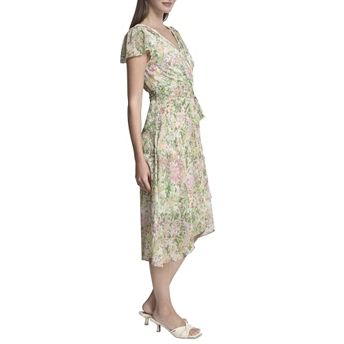 Image of DKNY Women's Flutter Sleeve Surplice Tie Fit & Flare Midi Dress