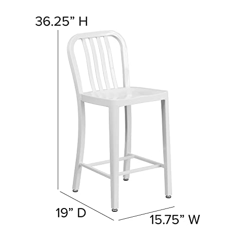 Flash Furniture Commercial Grade 2 Pack 24" High White Metal Indoor-Outdoor Counter Height Stool With Vertical Slat Back #TOP2