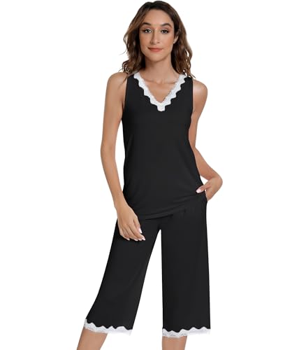Image of NACHILA Pajamas Set for Women-Viscose Made from Bamboo, Lace V Neck Pj Tank Top Capri Pants Sleeveless Pjs Soft Sleepwear