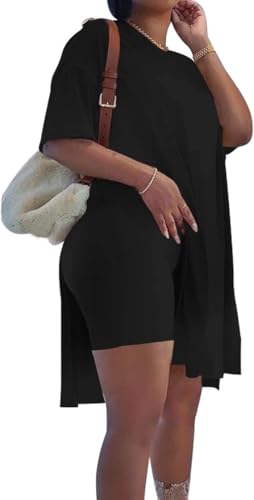 AXOSY Women Plus Size 2 Piece Outfits Short Sleeve Tunic Tops and Skinny Biker Shorts Sets Tracksuits2