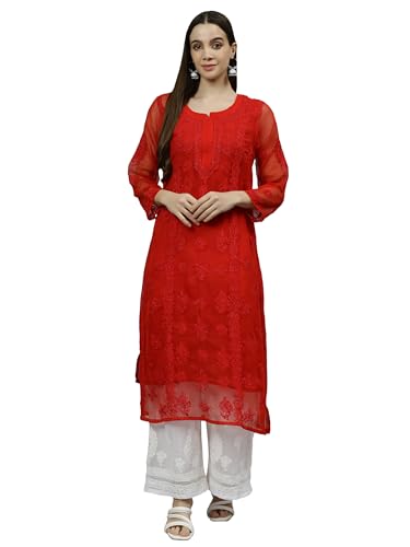 Image of Seva Chikan Hand Embroidered Lucknowi Chikankari Georgette Kurta with Inner Slip for Women SCL4431