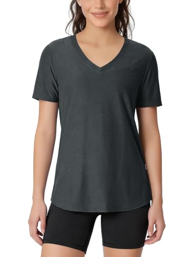 Image of ODODOS Women's Short Sleeve Performance V-Neck Tunic Tops, Ultra Soft odSTRATUM Tech Tee, Side Slit Relaxed T-Shirts