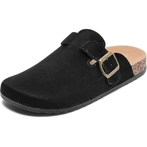 DDXYYDS Suede Clogs Men & Women Unisex Leather Mules Soft Cork Footbed Adjustable Buckle Slip Sandals Potato Shoes with Arch Support Black Cover