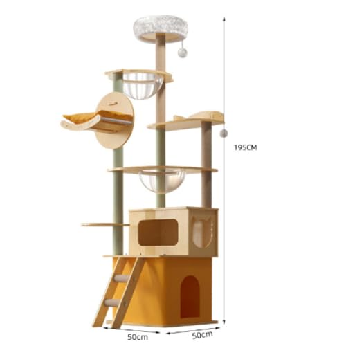 OGXN キャットタワー、突っ張り猫タワー、スリム省スペース、6本麻紐爪とぎ、透明宇宙船ハンモック、多頭飼い対応、大型猫用、室内設置、運動不足解消 (ZM04 50*50*195cm)