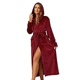 RONGTAI Batas para Mujer de Felpa Polar con Capucha Bata de Baño Gruesa Camisón con Bolsillos Ropa de Dormir Esponjosa, Borgoña, M