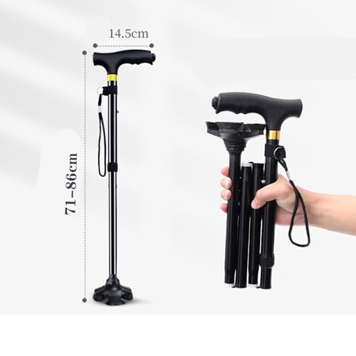 Folding Walking Cane with 4-Pronged Feet, Adjustable Height, T-Handle, Elderly Mobility & Daily Living Aids, Aluminum Alloy, for Men and Women - Image 3