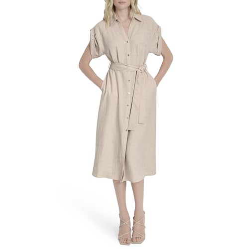 DKNY Women's Short Extended Sleeves Collared Neck Slit Pocket Dress with Removable Belt2