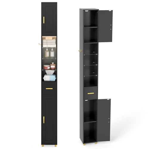 LIFEZEAL Mueble de Baño para Ahorrar Espacio con Luces Led, Columna Estrecha 20 x 20 x 181 cm, Armario Moderno con 2 Puertas, Estantes Abiertos de Cristal, Gancho y Aparador para Cocina y Baño