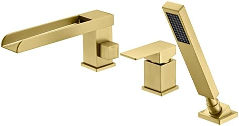 SUMERAIN Roman Tub Faucet with Hand Shower, 3 Hole Waterfall Bathtub Faucet Deck Mount Tub Filler Brushed Gold