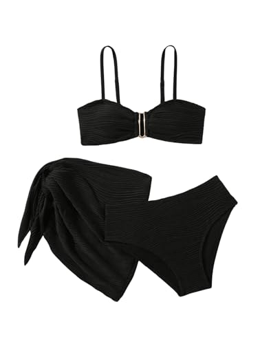 Image of SHENHE Girl's 3 Piece Swimsuit with Sarong Coverup Wrap Skirt High Waist Textured Bikini Set Black 13 Years