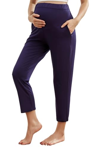 HIHOSSI Pantalones deportivos de maternidad ultrasuaves – Pantalones de embarazo recortados de cintura alta con bolsillos, azul marino, XXL