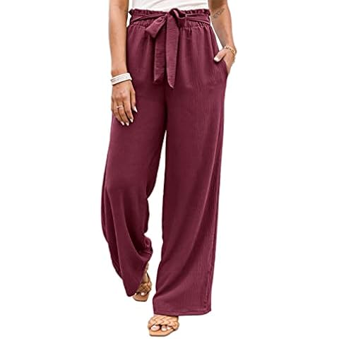 NIMIN Womens Flowy High Waisted Wide Leg Pants Loose Lounge Pants Comfy Elegant Summer Casual Beach Pants with Pockets Burgundy Medium Cover