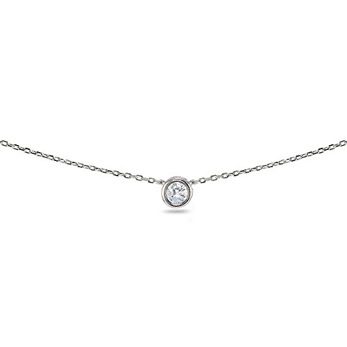 LOVVE Sterling Silver Round 4mm Bezel-Set Cubic Zirconia Solitaire Short Thin Choker Necklace