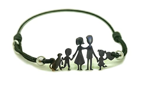 Bracciale famiglia family elastico con sagoma famiglia 1 BIMBA E 1 BIMBO + CANE in acciaio inossidabile, regolabile. Handmade, realizzato a mano,