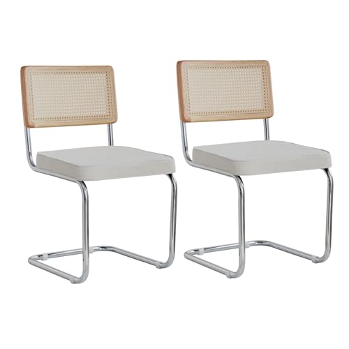 Uderkiny Lot de 2 chaises de Salle à Manger, chaises de Cuisine rembourrées, Dossier en rotin, Cadre en Acier/Polaire - pour Salle à Manger, Bureau, Cuisine, Chambre à Coucher - Blanc