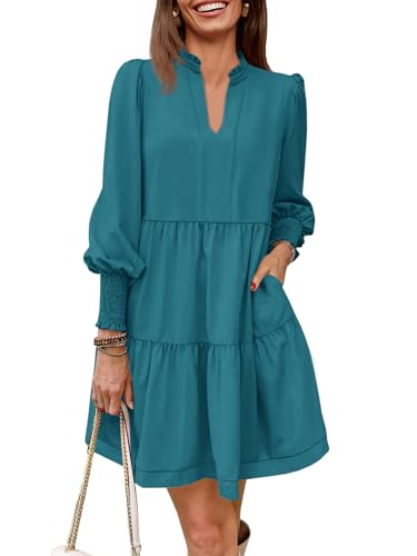 Image of Imily Bela Womens Fall Long Sleeve Tunic Dress Casual V Neck Tiered Dress | Loose,Swing,A-Line,Ruffled Collar,Puff Balloon Sleeve,Smocked Elastic Cuffs,Tiered Layered Ruffle Hem,Babydoll,Loose,Mini