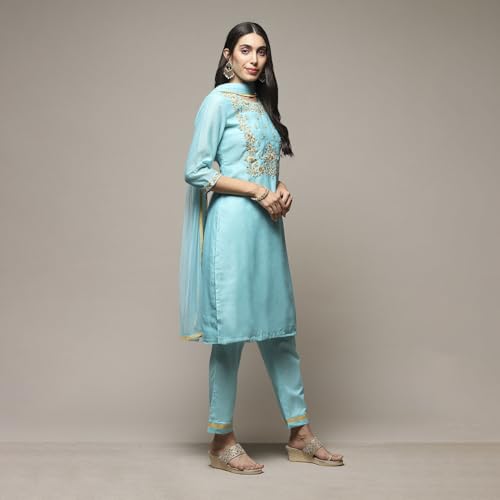 Image of BIBA Women Art Silk A-Line Kurta Regular Pant Suit Set