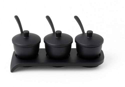 Image of Melamine Pickle Pot Set (3 Pots) with Lid, Spoon & Tray | Durable Achaar, Sauce & Chutney Storage Jar | Stylish Barni Pot for Kitchen, Dining & Table Use (Black)