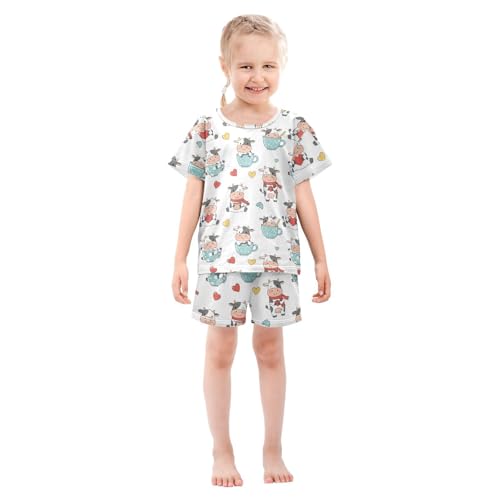 Pajama Short Sets Cute Cows in Cups Pattern Soft Cotton Summer Sleepwear 2 Piece PJS Size 5-14T4