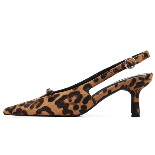 Mattiventon Leopard Slingback Heels for Women Kitten Heels Bow Ankle Strap Pointed Toe Heel Sexy Wedding Dress Party Pumps