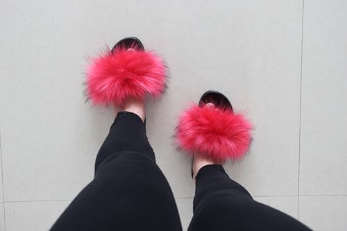 Image of MH Bailment Womens Furry Fluffy Slippers Faux Fur House Slippers Open Toe Fuzzy Slides Soft Flat Slip On Sandals for Indoor Outdoor