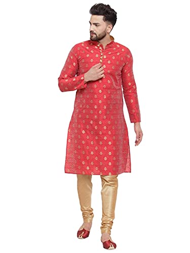 Mens Kurta Set Festive Season Men's Tunic Art Cotton Kurta Pajama Wedding Party Suit Dress Festivals Season Ethnic Party Dress Suit 2-Piece Set By WAKAR MANSURI SHOP (Red, M - 36 x 42 Inches)