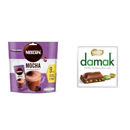 Nescafe Mocha Çikolatalı Ve Köpüklü Çözünebilir Kahve Karışımı 17 Gram x 9 Adet x 2, Nestlé Damak Antep Fıstıklı Sütlü Kare Çikolata 60 g x 3