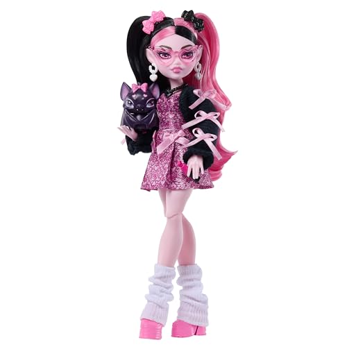 Image of Monster High Doll, Draculaura in Pink Bow Dress and Black Cardigan with Pet Bat Count Fabulous and 7 Accessories Like Ramen, Lipstick and Purse