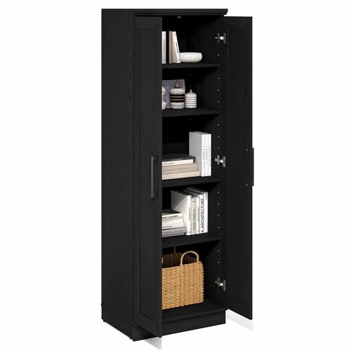 Image of Furinno Robin Storage Cabinet, 5-Tier Pantry Cabinet with Adjustable Shelves, 23W with 2 Shaker-Doors, Kitchen Cabinet, Organization and Storage, for Pantry, Living Room, Home Office, Black Woodgrain