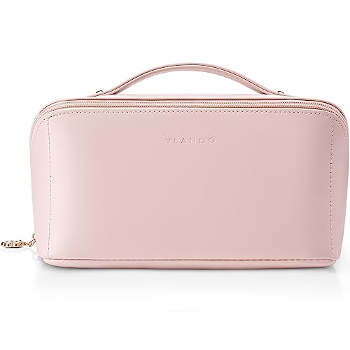 Vlando Makeup Bag,Large Capacity Toiletry Bag for Women Waterproof Portable Make up Pouch PU Leather Open Flat Cosmetic Bag(Peach Pink) 13-Peach Pink