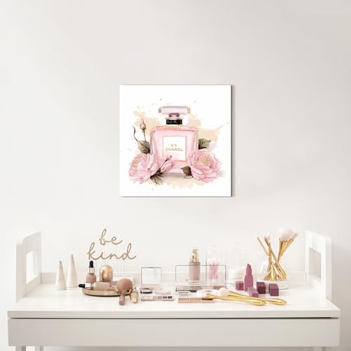 Image of cozy country Chanel-Inspired Perfume Canvas Wall Art - 12x12 Inches Fashion Artwork Print, Pink Floral Luxury Picture for Bathroom & Women's Room Decor, Ready to Hang