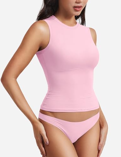 Image of YEOREO Women Basic Mock Neck Workout Crop Top Sleeveless Double Lined Tank Tee Slim Fitted Ruched Going Out Camisole
