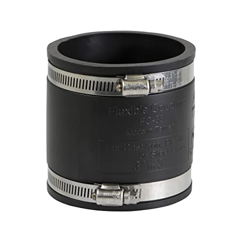 Image of Supply Giant EVERCONNECT 4826 Flexible Pvc Rubber Rubber Coupling with Stainless Steel Clamps, 3 inch, Black | Black flexible PVC body with stainless steel clamps fits 3 in nominal pipe; 3.5 in inner diameter for plumbing repairs.