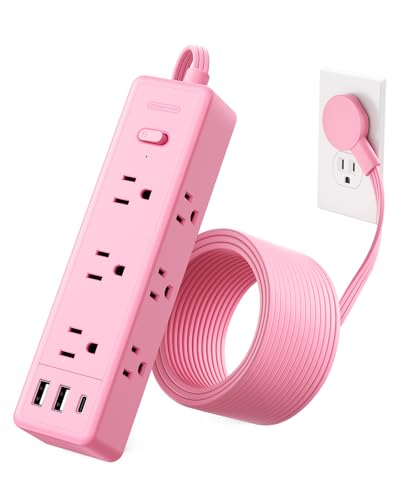 Pink Power Strip NTONPOWER Flat Extension Cord Cute Pink Extension Cord 5FT 9 Outlets 3 USB (1 USB C) Mounted Multiple Outlets for Home Office Kawaii Desk Accessories Women