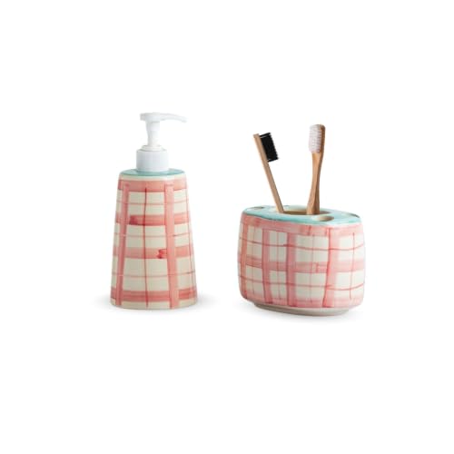 Image of ExclusiveLane 'Gulabi Courtyard' Hand-Painted Ceramic Bathroom Accessories Set of 2 (Liquid Soap Dispenser for Wash Basin, Paste & Toothbrush Holder) |Handwash Dispenser |Bathroom Organiser Set