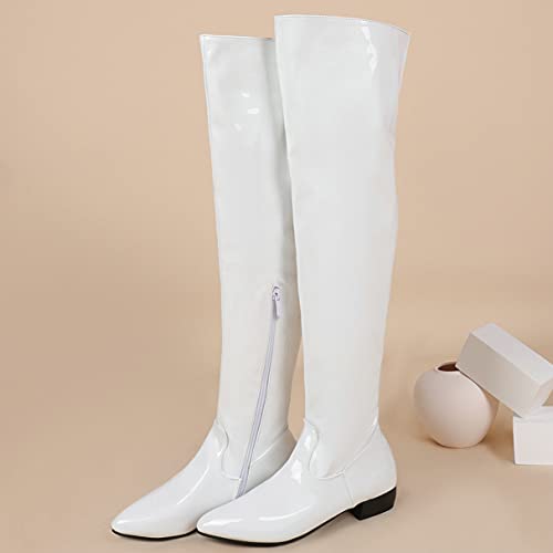 LUXMAX Women Patent Leather Thigh High Low Heel Boots Pointed Toe Flat Over The Knee High Boots with Zip2