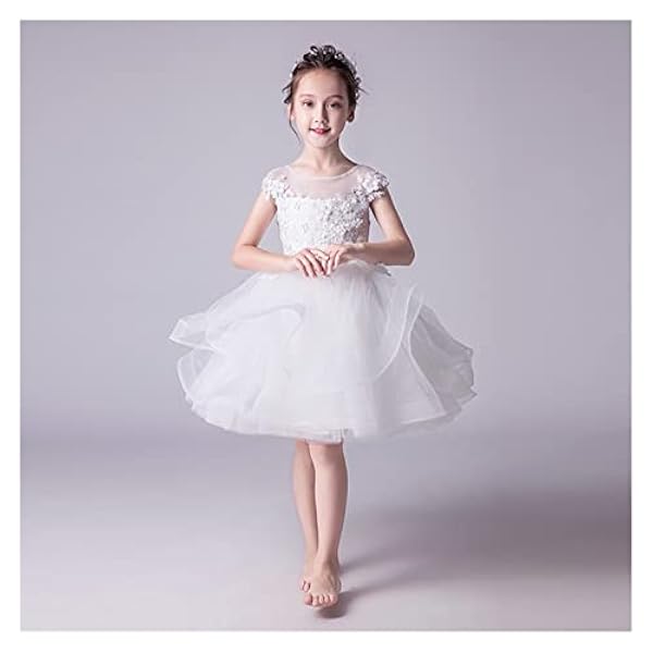 GELTDN Herfst Wit Half Mouwen Bloem Meisjes Prinses Puffy Graduation Jurk Kids Communie Jurk Kids Verjaardagskleding (Color : White, Size : 130CM)