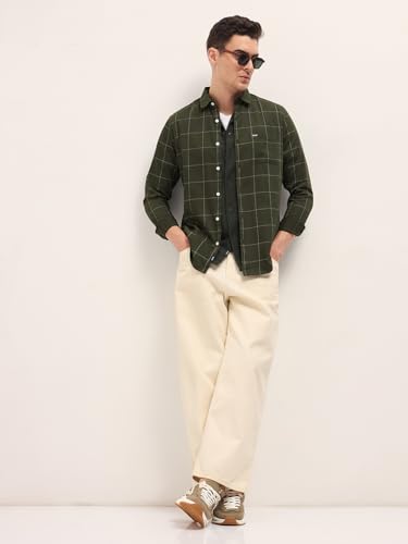 Image of THE BEAR HOUSE Men's Slim Fit Cotton Long Sleeve Olive Shirt