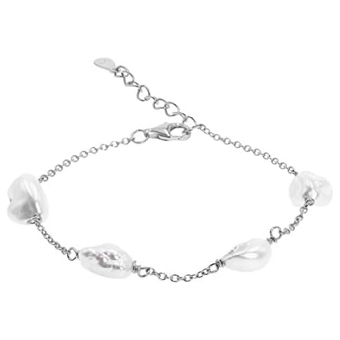 Secret & You Women's Pearl Bracelet with Four Freshwater Cultured Pearl Baroque Keshi Shape 8-9 mm - 925 Sterling Silver Rhodiated Chain 17-20 cm Long Cover