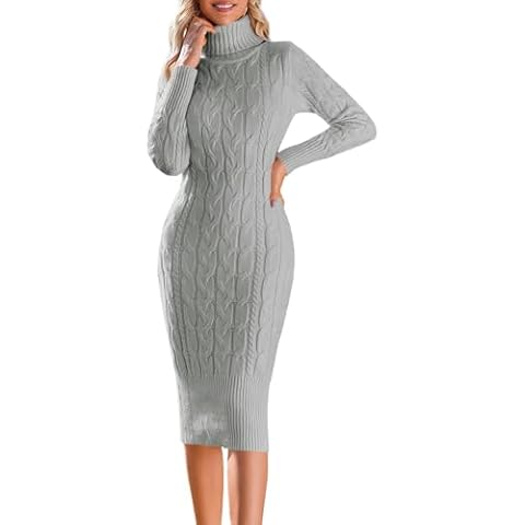 Fangetey Womens Long Sleeve Turtleneck Sweater Dresses Knitted Bodycon Midi Sheath Jumper Dresses Grey Cover