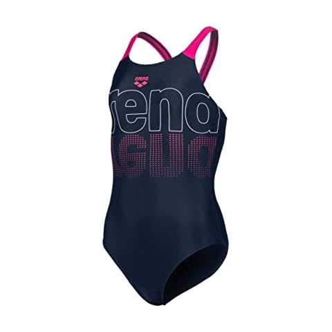 ARENA Mädchen Sport Badeanzug Graphic V Back, Navy-Freak Rose, 140, 005538 Cover
