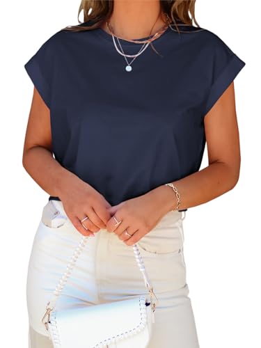 Image of Tankaneo Womens Short Sleeve Cropped T-Shirts Summer Rolled Dolman Sleeve Crop Tops Casual Round Neck Solid Short Basic Tees